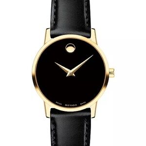 Movado Black and Gold Museum Dial Leather Strap Watch
